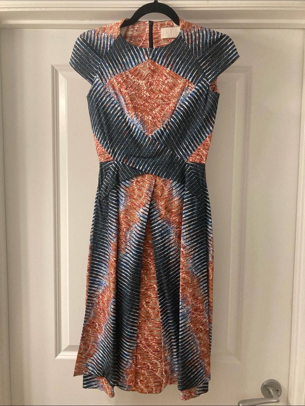 Cap-Sleeve Geometric Print Dress in Blue and Red